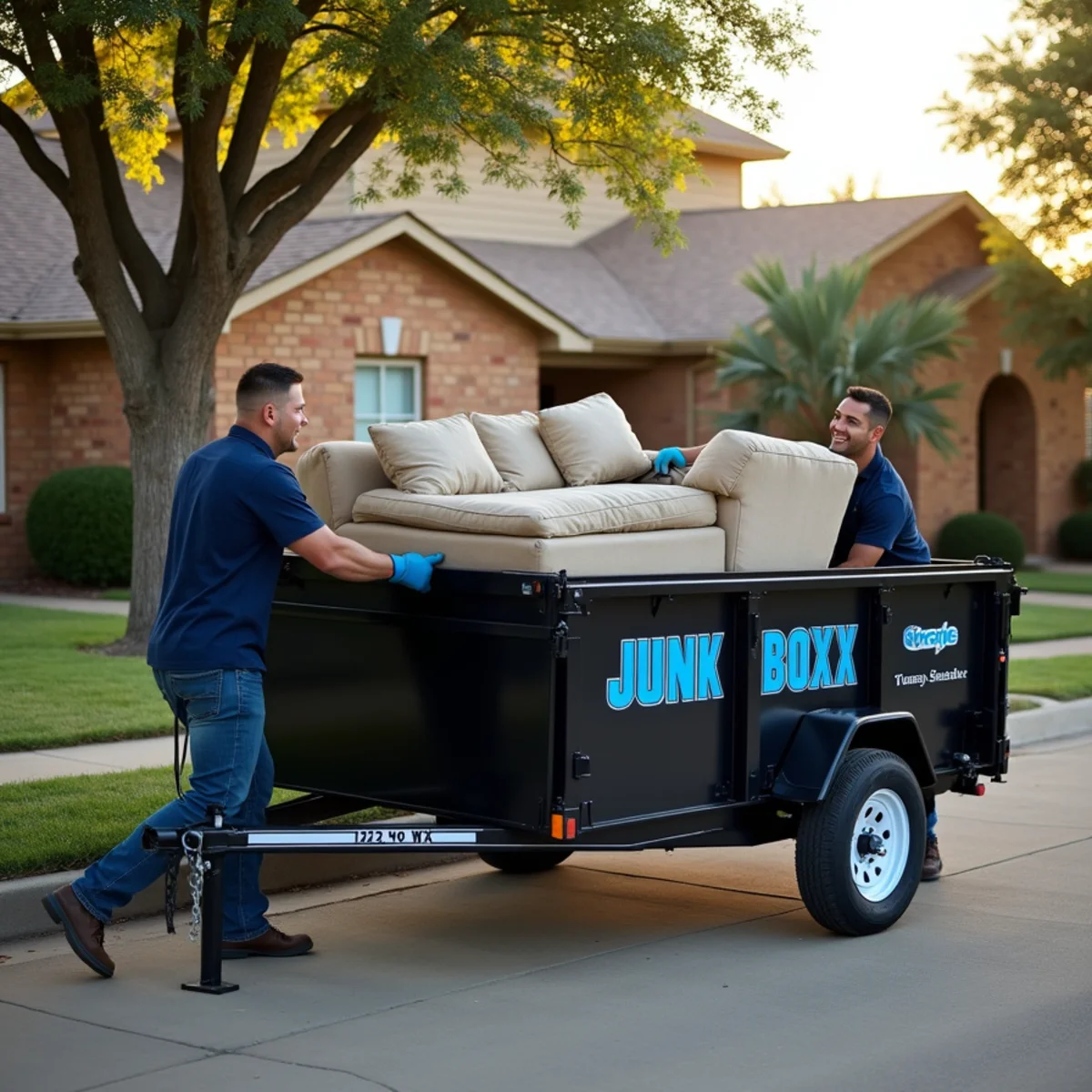 Junk Boxx crew loading furniture and household junk into a trailer in Tulsa, OK