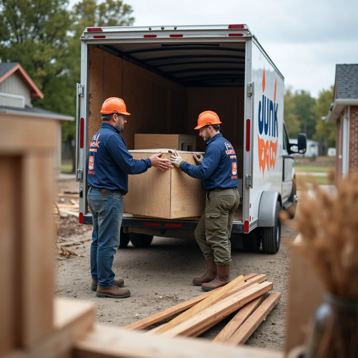 Junk Boxx crew loading renovation debris into a trailer at a Tulsa job site
